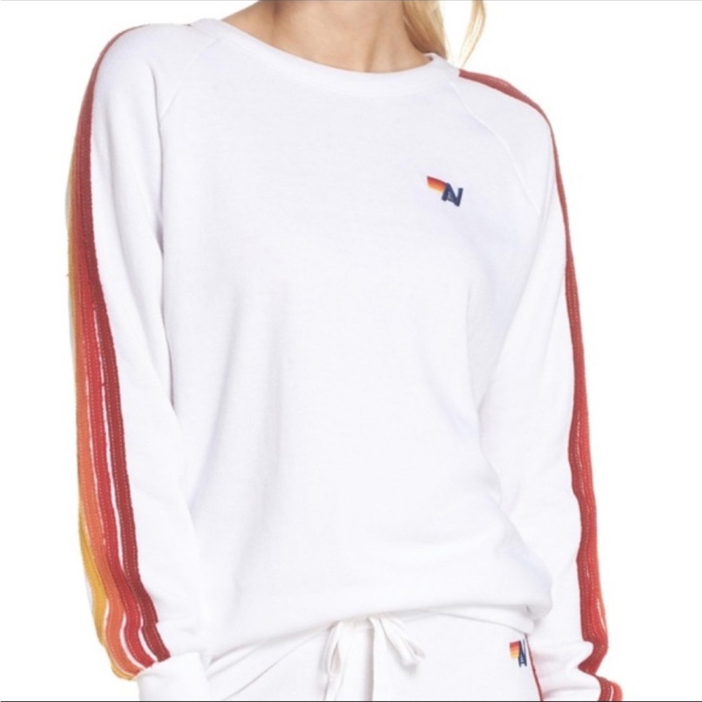 Aviator Nation White Crewneck with Red and Yellow Sleeve Stripes